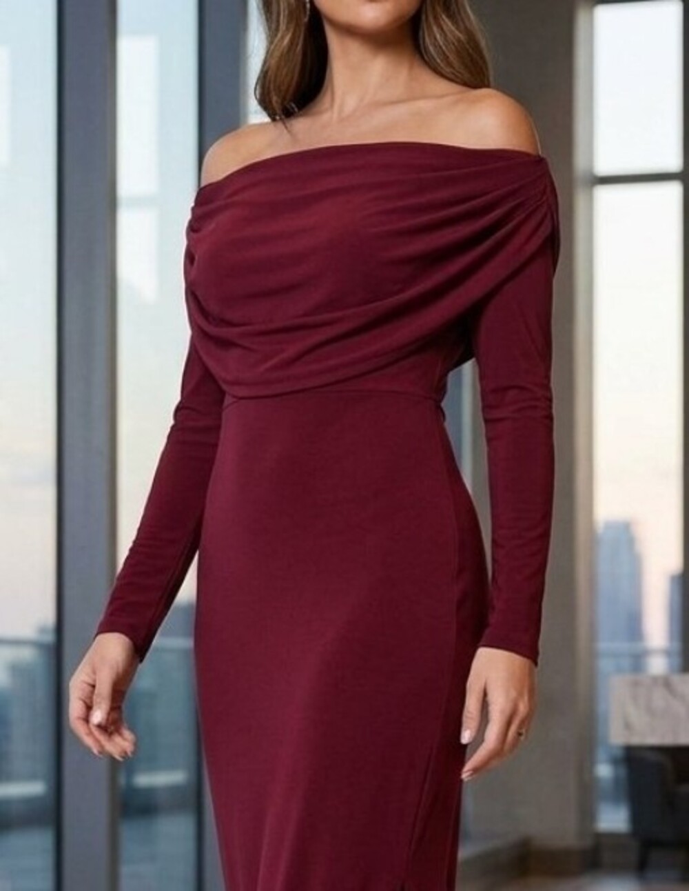 Burgundy Off Shoulder Lace Up Cutout Maxi Dress Ruched Back XL